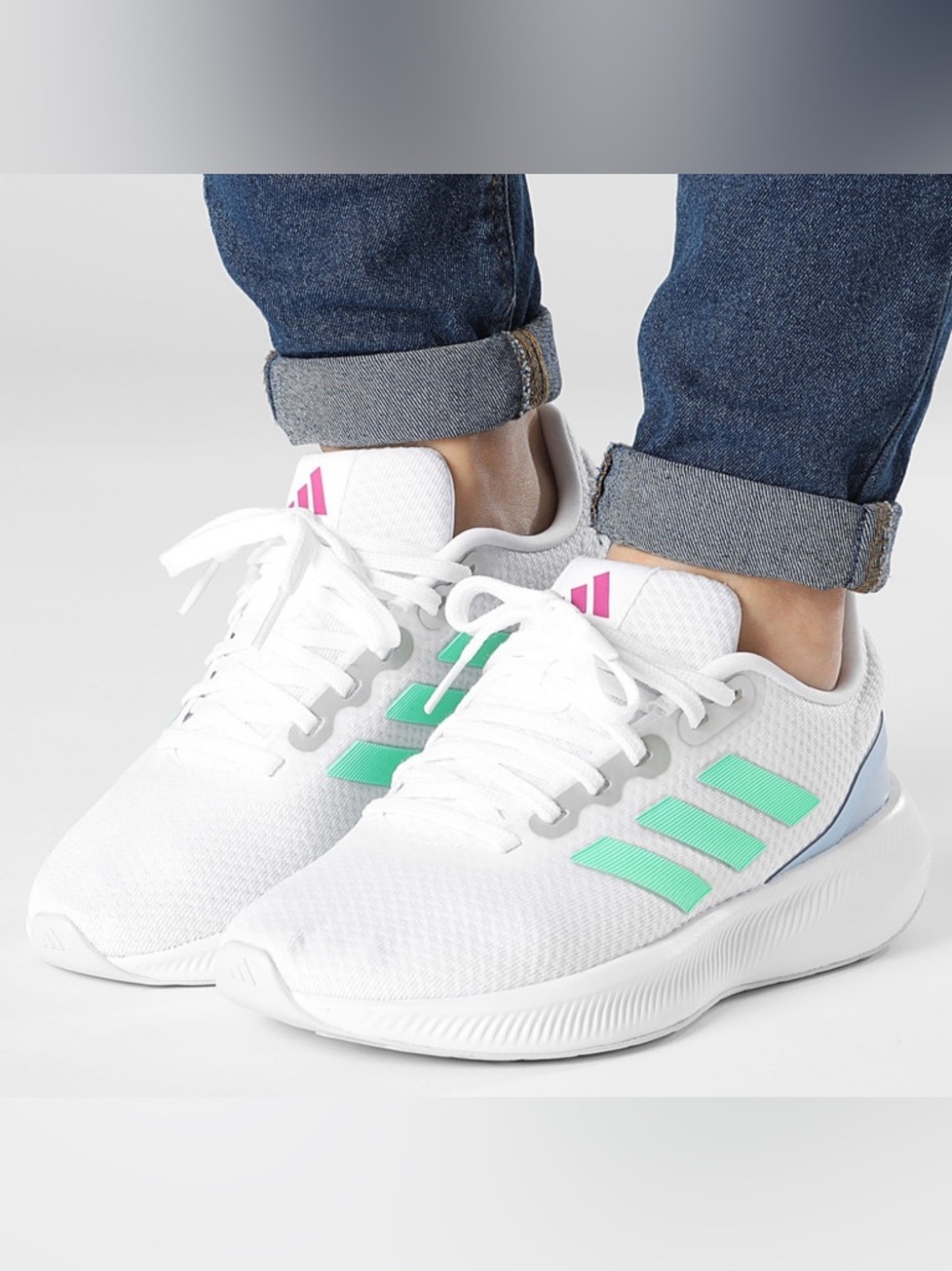 adidas White Athletic Sneakers with Mint Stripes and Pink Logo